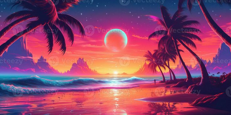 a sunset scene with palm trees and the moon in the sky over the ocean at night