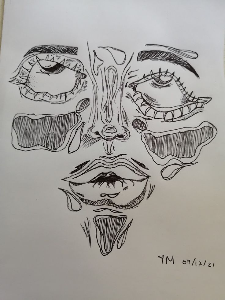 a drawing of a person's face with many different eyes and nose parts on it