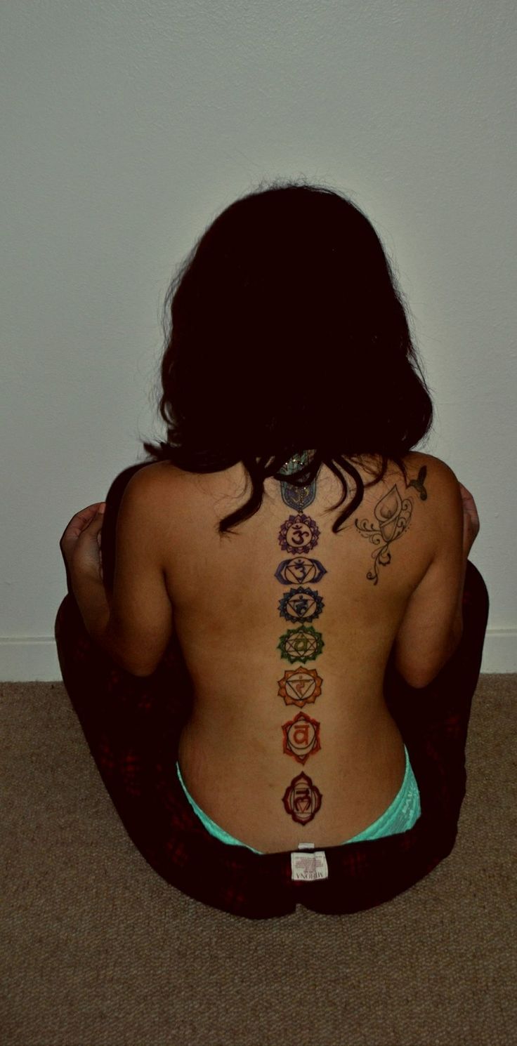 a woman sitting on the floor with her back to the camera and tattoos on her body