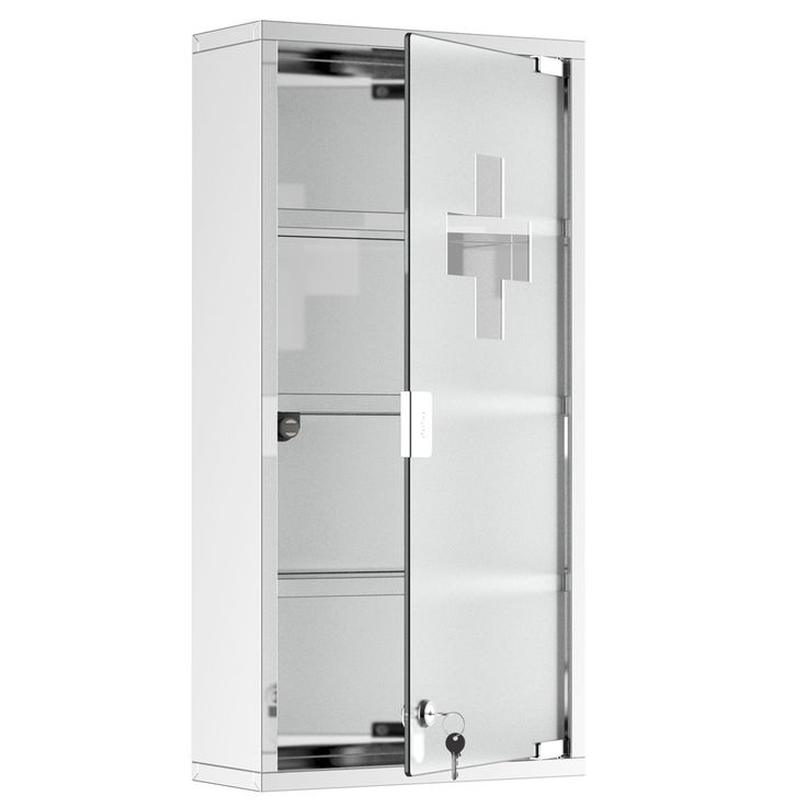 a tall white cabinet with two doors on the front and one door open to reveal it's contents