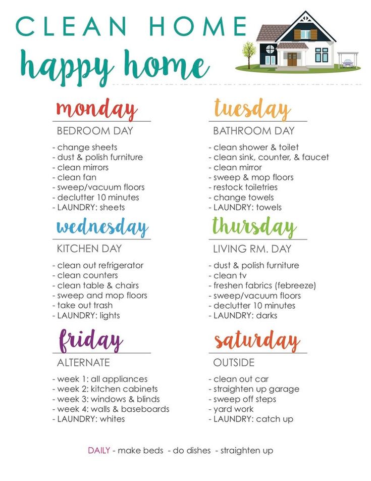 the clean home happy home schedule is shown in rainbow colors and includes an image of a house