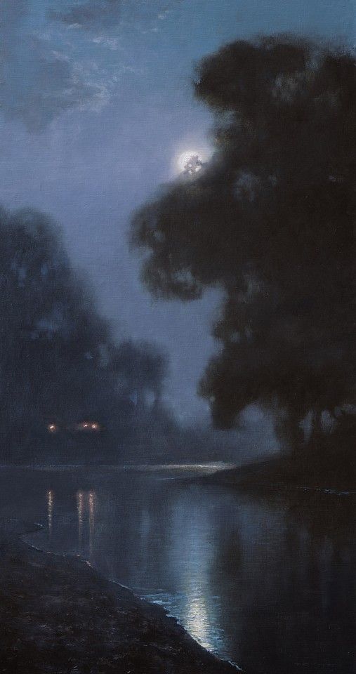 a painting of trees and water at night