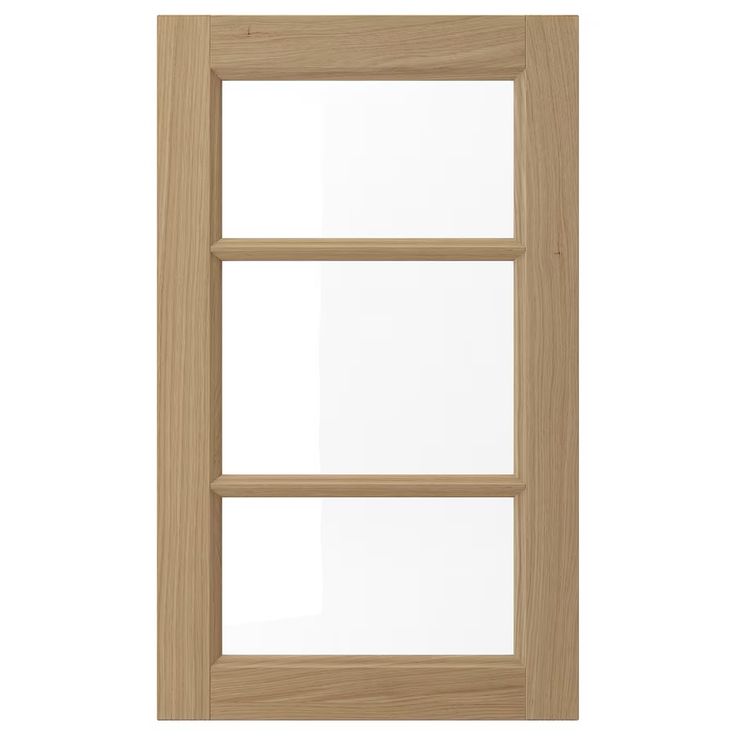 a wooden door with three panes and no glass on the top half, in front of a white background