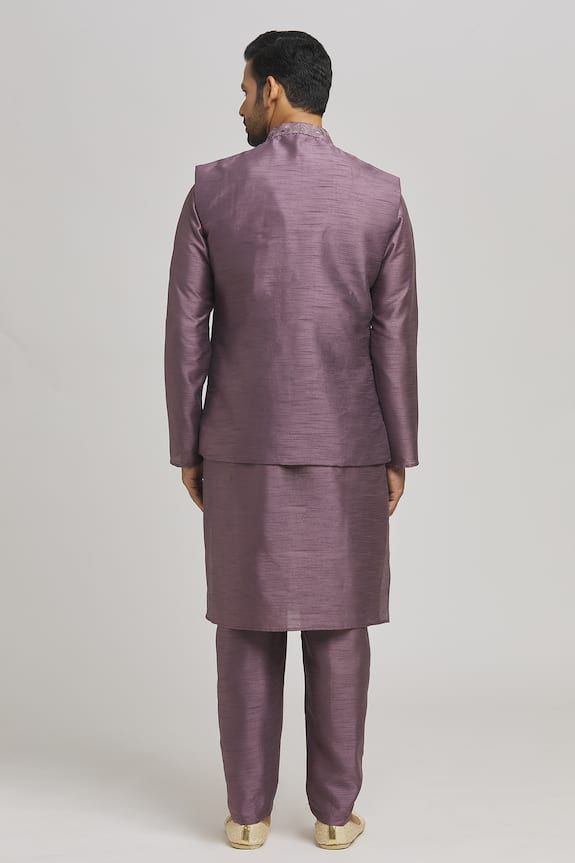 Purple bundi with thread embroidered peacock patterns and sequin work embellishments. Comes with inner kurta and pant. - Aza Fashions Embroidered Peacock, Kurta Set For Men, Peacock Pattern, Nehru Jackets, Churidar, Kurta Set, Pants Pattern, Mandarin Collar, Pocket Square