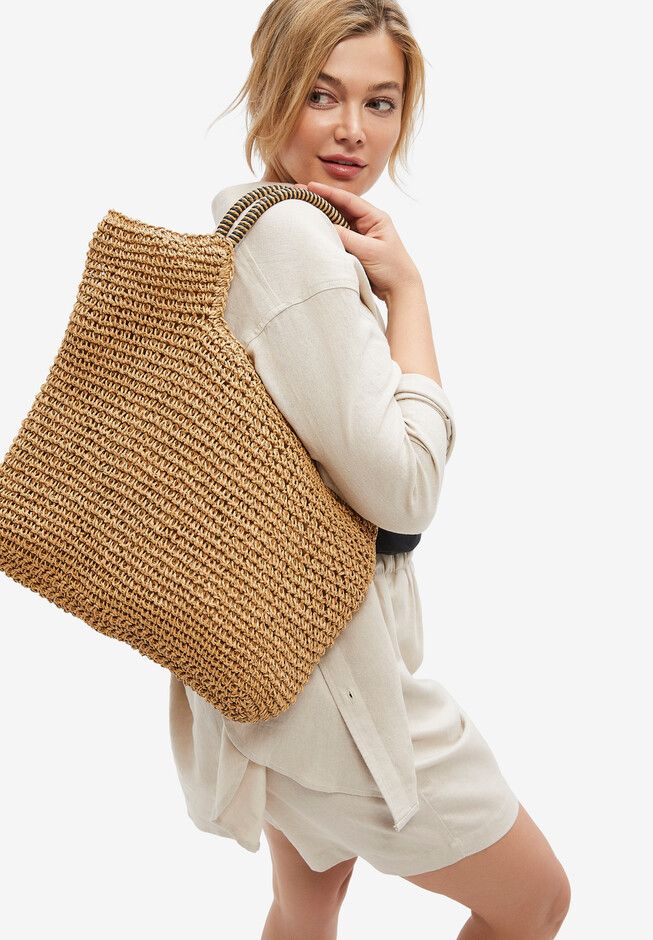 A summery tote that takes you everywhere – work, the beach, errands. Secure zip-top closure and two handles. Roomy with an inner lining and pocket for Swedish Fashion, Straw Tote Bag, Straw Bags, Tunic Tank Tops, Swimsuits For All, Woven Paper, Petite Jeans, Swimsuit Cover Ups, Maxi Dress Party