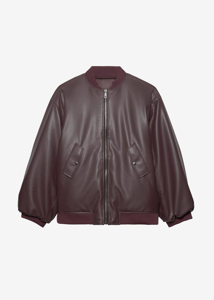 Astra Faux Leather Bomber Jacket - Burgundy – The Frankie Shop Leather Outerwear With Ribbed Cuffs For Work, Brown Workwear Outerwear With Ribbed Cuffs, Casual Burgundy Leather Jacket For Work, Burgundy Leather Jacket, Paris Store, The Frankie Shop, Frankie Shop, Flap Pocket, Oversized Fits