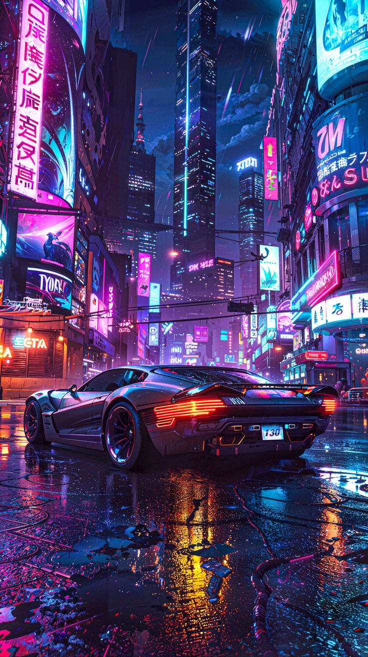 a futuristic city at night with neon lights and cars parked on the street in front of tall buildings