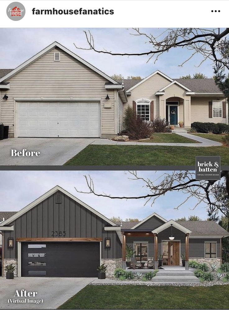 before and after pictures of a new home in the suburbs, with two garages on each side