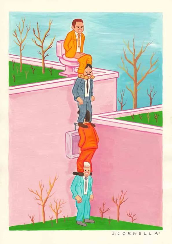 two men standing on top of each other in front of a pink wall with trees