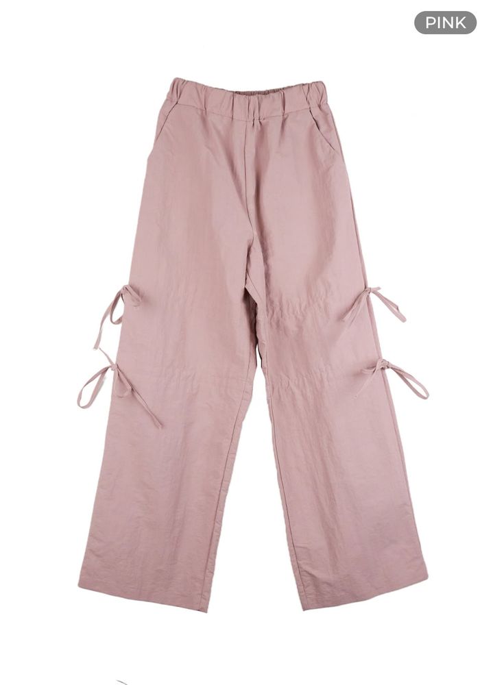 shirred-ribbon-banded-wide-leg-pants-is402 / Pink Pink Casual Bottoms For School, Casual Pink Bottoms For School, Fitted School Pants With Pockets, Casual Pink School Bottoms, Trendy School Bottoms For Spring, High-waisted Bottoms For School In Summer, High-waisted Bottoms For School Summer Season, High Waist Bottoms For School In Summer, Stretch Bottoms For School In Fall