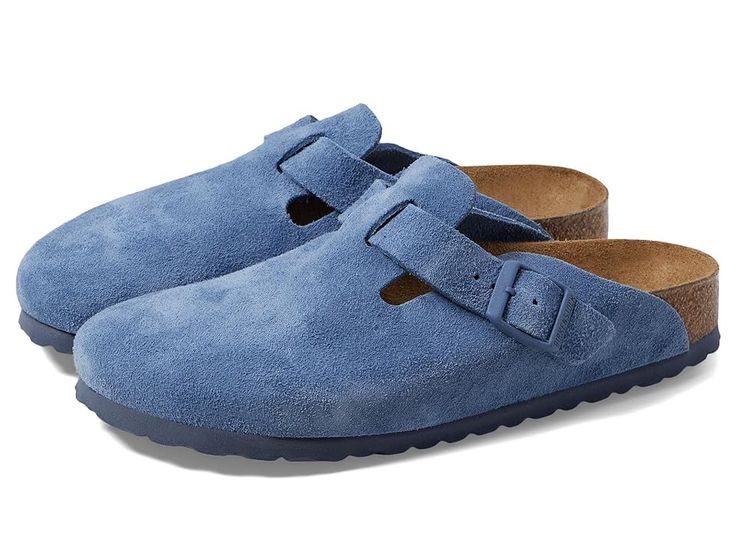 Birkenstock Boston Soft Footbed - Suede - Women's Clog/Mule Shoes : Elemental Blue : Complete your look with the Birkenstock Boston Soft Footbed - Suede clog. Suede upper with an adjustable strap. Anatomically correct cork/latex footbed, crafted from cork that is 100% renewable and sustainable, encourages foot health. The suede lined, contoured footbed will mold to the shape of your foot creating a custom footbed that supports and cradles you each and every step. Raised toe bar is designed to encourage the natural gripping motion of your feet, exercising your legs and aiding circulation. Neutral heel profile and deep heel cup keeps the natural padding of your foot where it belongs, under the heel, distributing your body weight more evenly. Flexible EVA outsole offers lightweight, shock abs Birkenstock Boston Soft Footbed, Elemental Blue, Boston Soft Footbed, Birkenstock Women, Suede Fashion, Birkenstock Boston, Birkenstock Boston Clog, Unisex Shoes, Clogs Shoes