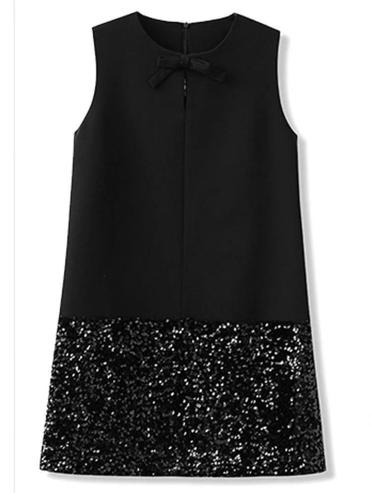 Sequin Bow Sleeveless A-Line Party Dress Black Contrast Sequin Dress For Party Season, Black Sequin Dress With Contrast For Party Season, Glamorous Sleeveless Sequined Prom Dress, Glamorous Sequined Sleeveless Prom Dress, Black Contrast Sequin Prom Dresses, Elegant Sleeveless Sequin Dress For Night Out, Chic Sleeveless Sequin Dress For Cocktail, Chic Sequined Sleeveless Dress For Cocktail Events, Sleeveless Contrast Sequin Evening Dress For Summer