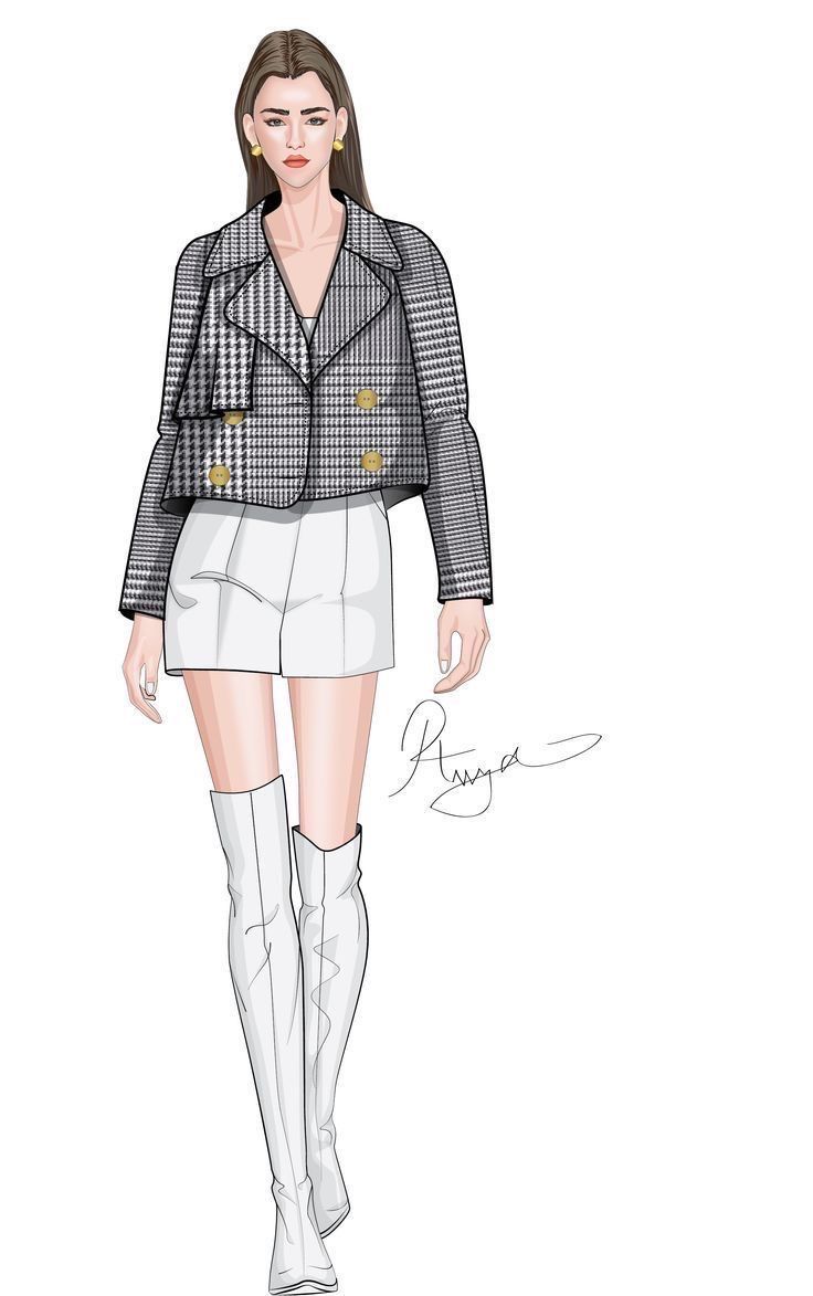 a drawing of a woman in short shorts and jacket