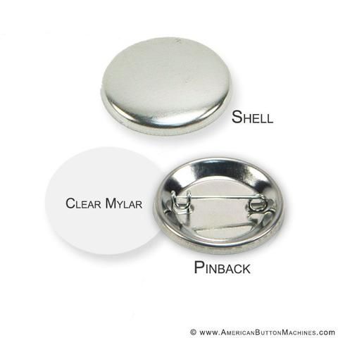 two different types of metal buttons with names on the bottom one is clear and the other is plain