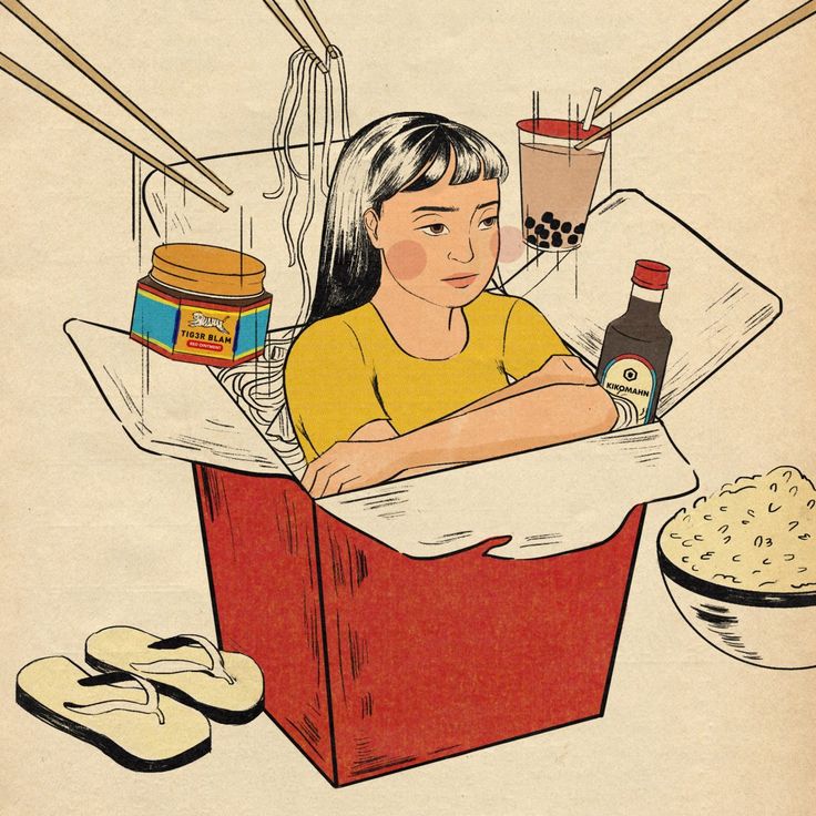 an illustration of a woman sitting in a box with food and drinks on the table