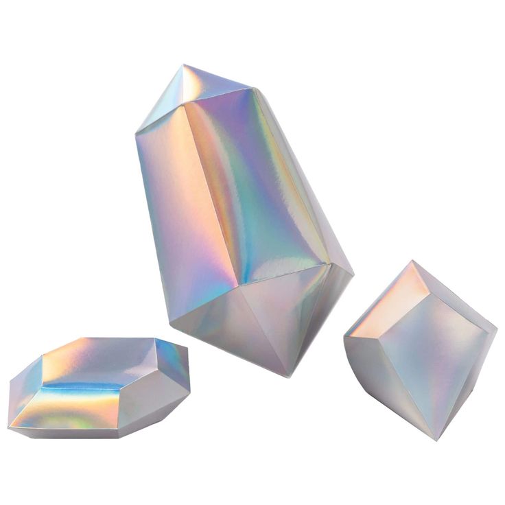 three shiny diamond shapes are shown on a white background, one is silver and the other is iridescent