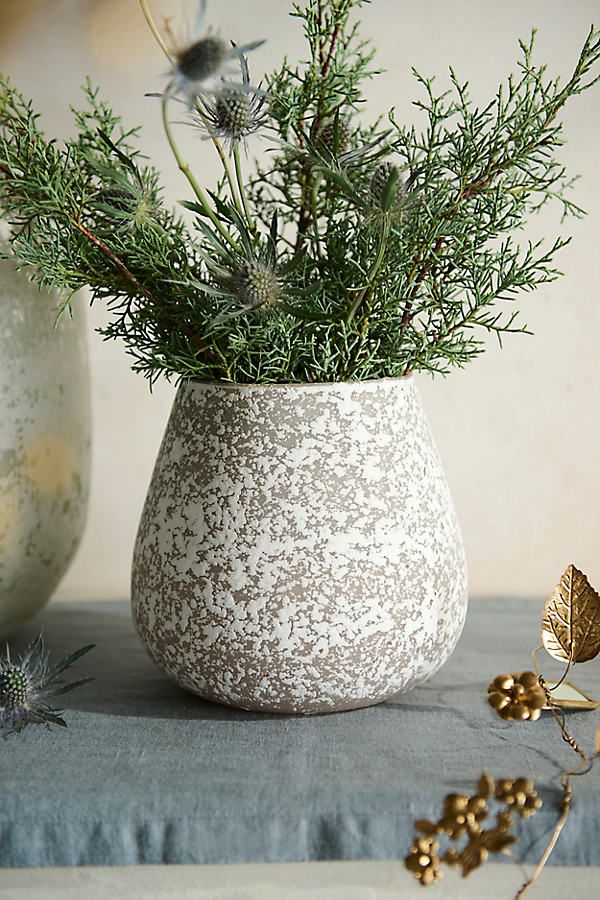 two vases with plants in them sitting on a table