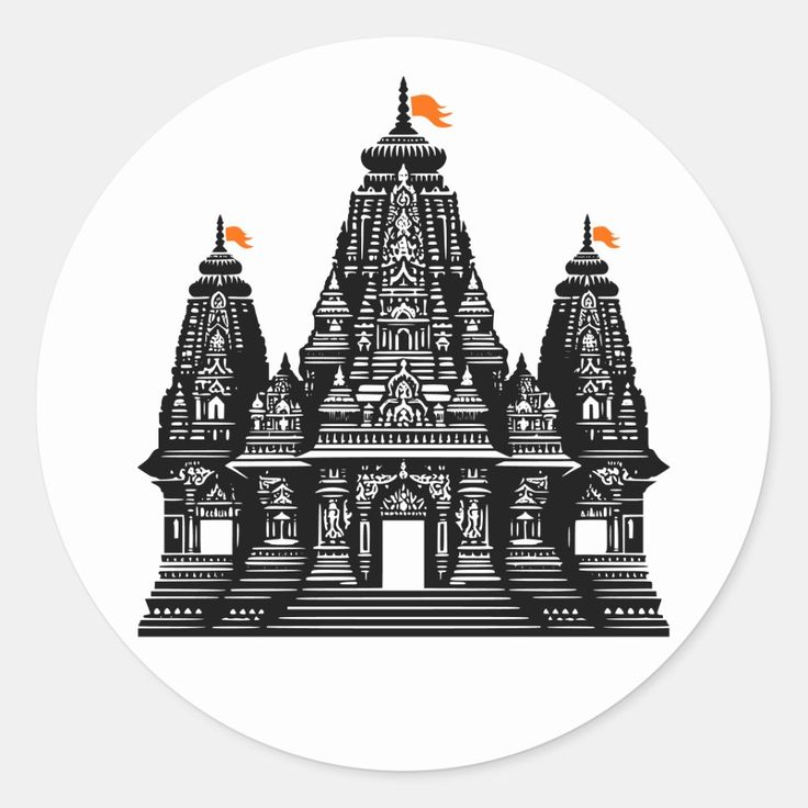 a black and white drawing of a temple with an orange flag on it's roof