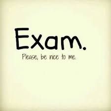 the word exam written in black ink on a white paper with writing below it that reads, please, be nice to me