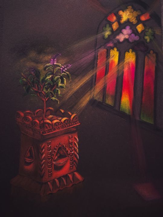 a painting of a potted plant in front of a stained glass window with light coming through