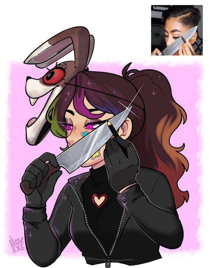 a drawing of a woman holding a knife in front of her face with another person behind her