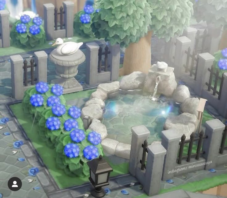 an artistic rendering of a fountain surrounded by blue flowers