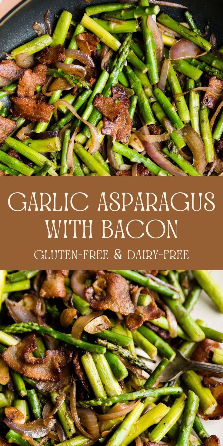 garlic asparagus with bacon in a skillet on top of a white plate