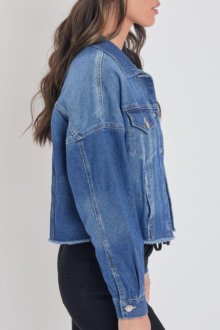 Add some edgy layers to your go-to outfits this season with our Women's Cropped Denim Jacket With Raw Hem. Complete with all standard trademarks: buttoned flap pockets, button-cuff long sleeves, exposed front button closure, basic collar, and a cropped fit with raw hem. Measurement (Based on size M) - Sleeve Length (From shoulder seam): 18” - Length: 21” - Chest: 22.5” Composition: - 81% Cotton/ 10% Polyester/ 9% Rayon • Machine wash cold. • Model is wearing a size S. Denim Jacket With Frayed Hem For Streetwear, Dark Wash Denim Jacket With Frayed Hem For Streetwear, Urban Denim Utility Jacket For Fall, Blue Washed Utility Jacket For Fall, Blue Denim Jacket For Fall, Denim Outerwear With Frayed Hem For Streetwear, Dark Wash Fall Outerwear With Flap Pockets, Denim Blue Button-up Utility Jacket For Fall, Trendy Long Sleeve Denim Jacket With Flap Pockets