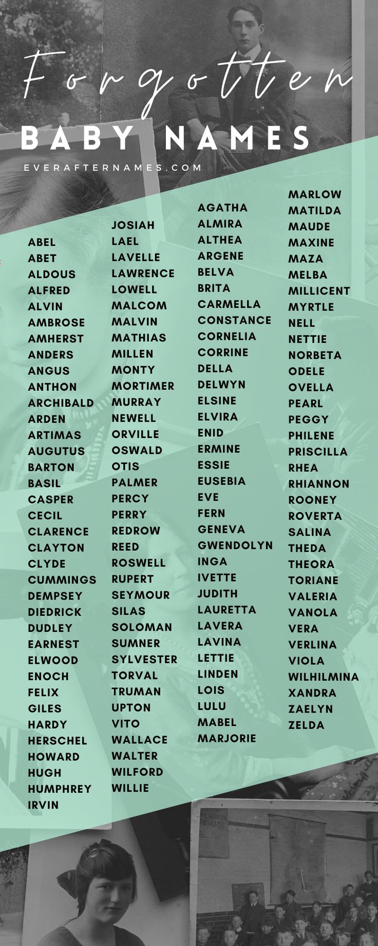 an image of baby names in black and white on a green background with the words for forgotten