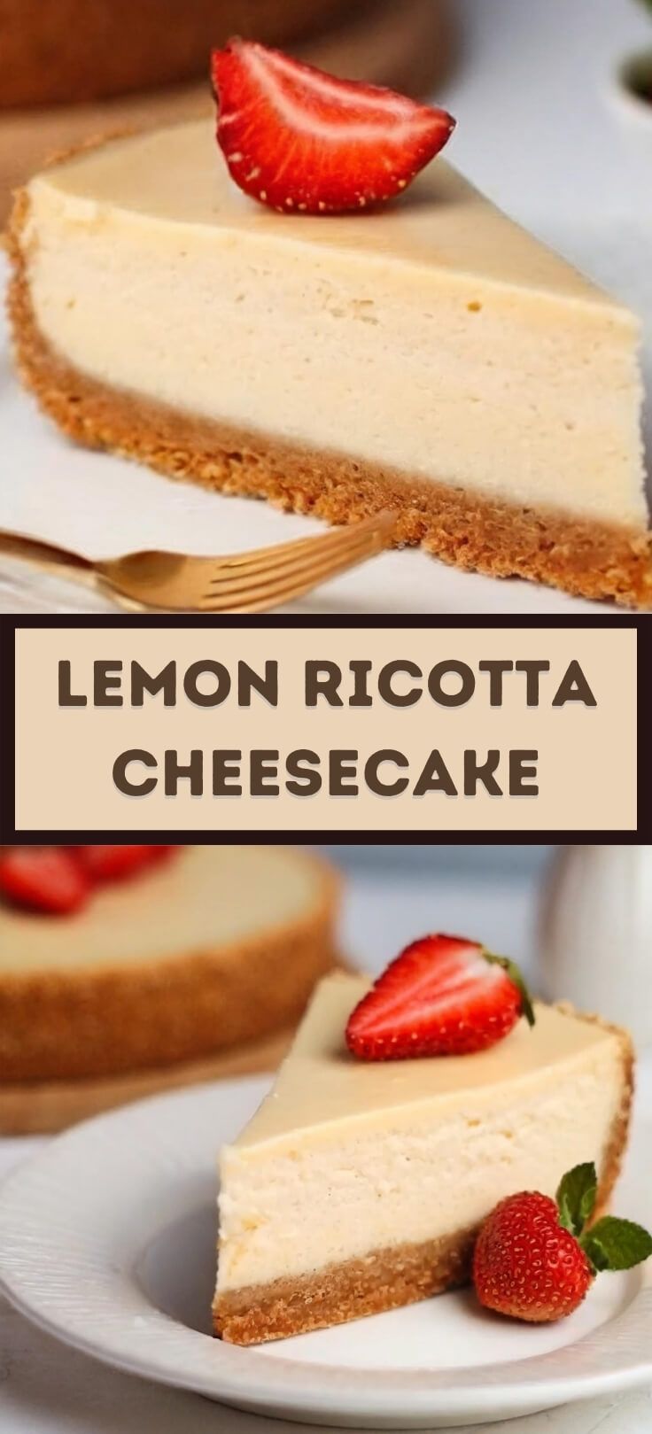 a slice of lemon ricotta cheesecake with strawberries on top