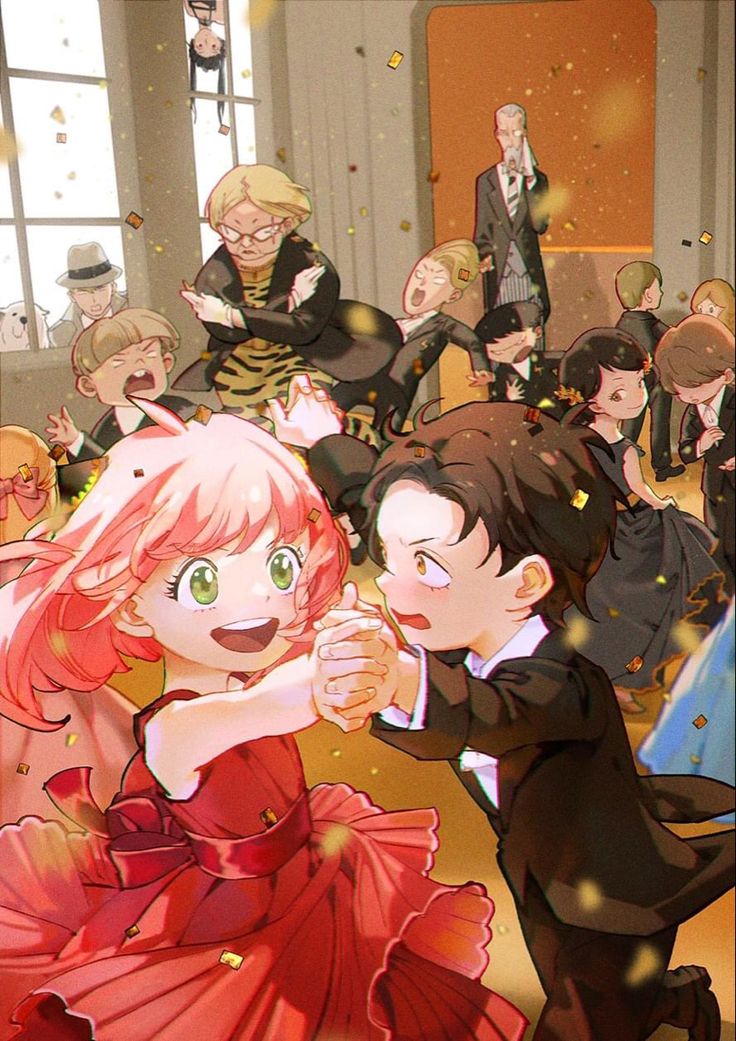 an anime scene with people dancing and confetti