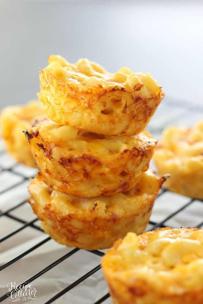 mini cheese macaroni muffins stacked on top of each other with text overlay