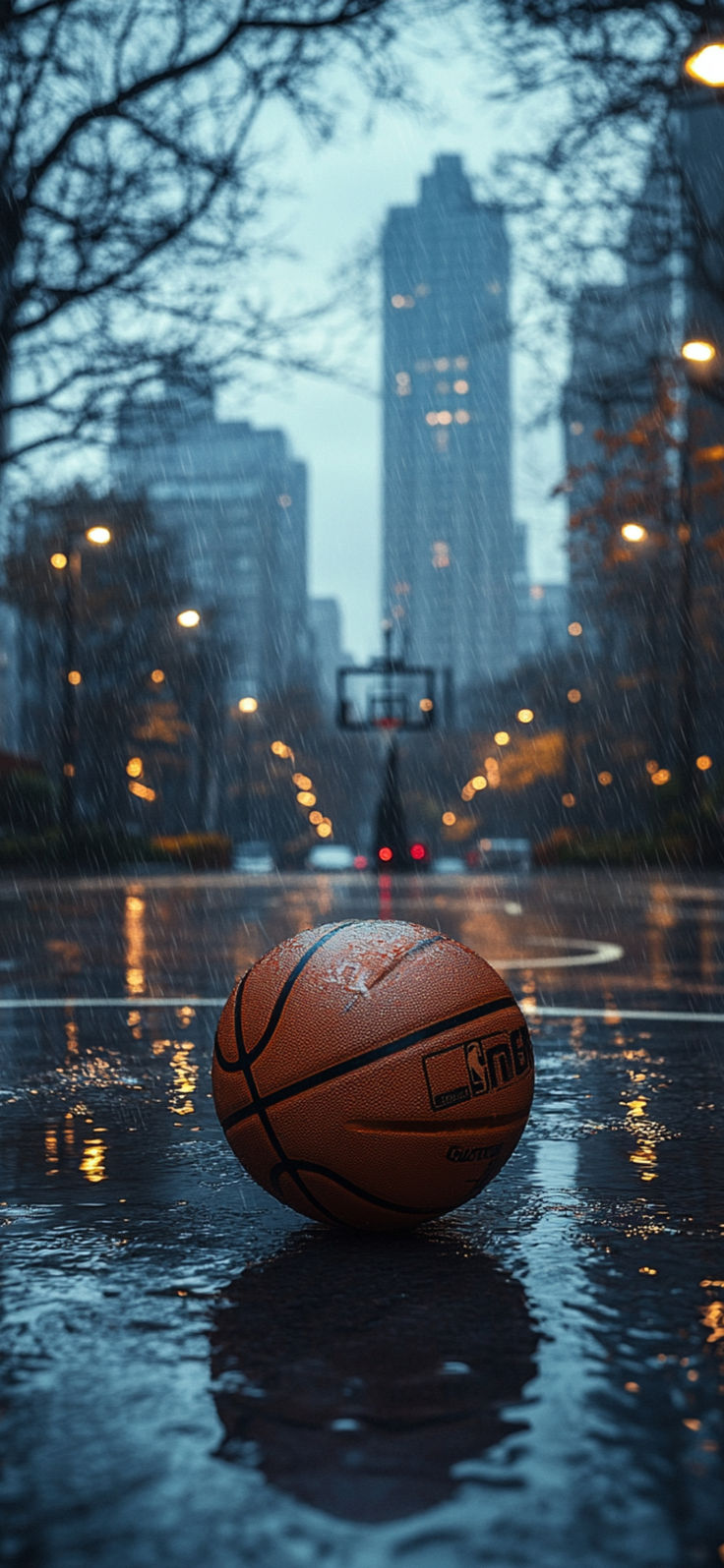 an orange basketball sitting on top of a wet ground in the rain with buildings in the background