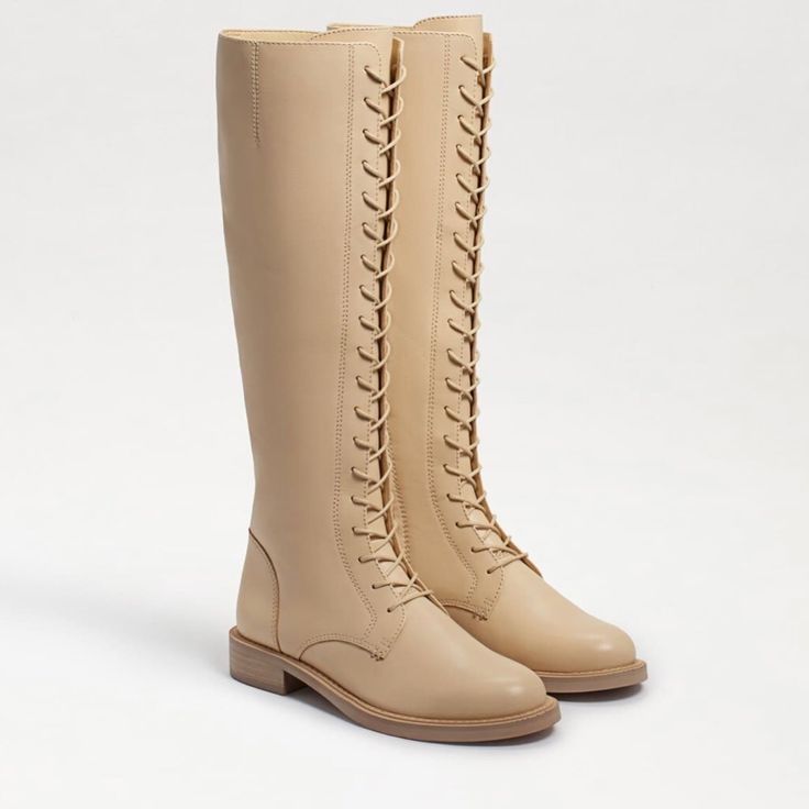 New. Original Box. Cream Riding Boots, Sam Edelman Tall Boots, Cream Boots Tall, Beige Lace-up Boots With Cushioned Footbed, Beige Lace-up Boots With Rubber Sole, Classic Lace-up Boots Medium Width, Classic Beige Lace-up Boots, Beige Leather Boots With Laces, Classic Leather Lace-up Boots For Spring