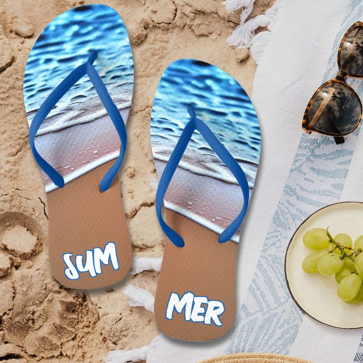 Cool summer flip flops with beach sand and ocean waves.  Great outfit accessory for an island vacation or a summer pool party. Casual Flip Flops For Poolside Beach Season, Blue Flip Flops For Swimming During Beach Season, Summer Flip Flops For Beach Vacation, Beachy Flip Flops For Poolside And Beach Season, Blue Flip Flops For Swimming And Beach Season, Summer Beach Vacation Flip Flops, Casual Flip Flops For Summer Swimming, Beach Season Sandals For Poolside, Beach Sandals For Vacation