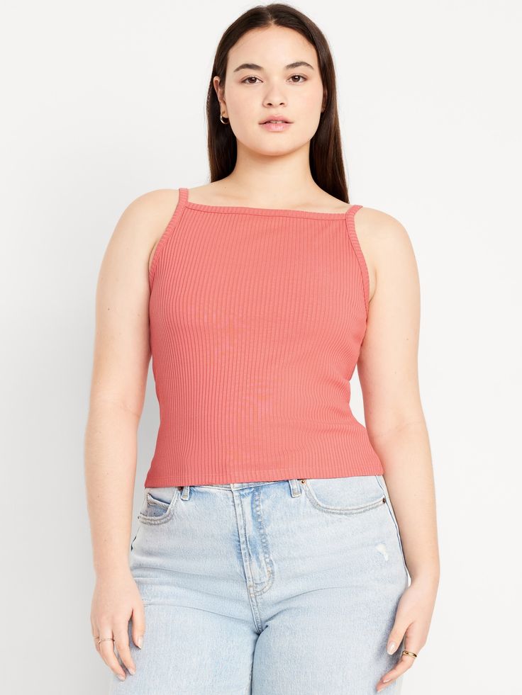 high square neck spaghetti straps fitted hits at waist models are approx.  5'9" and wear sizes s (4), l (12), and xl (18)machine wash according to the care instruction label Tank Top Cami, Cami Tanks, Petite Size, Cami Tops, Toddler Boys, Square Neck, Rib Knit, Spaghetti Strap, Old Navy