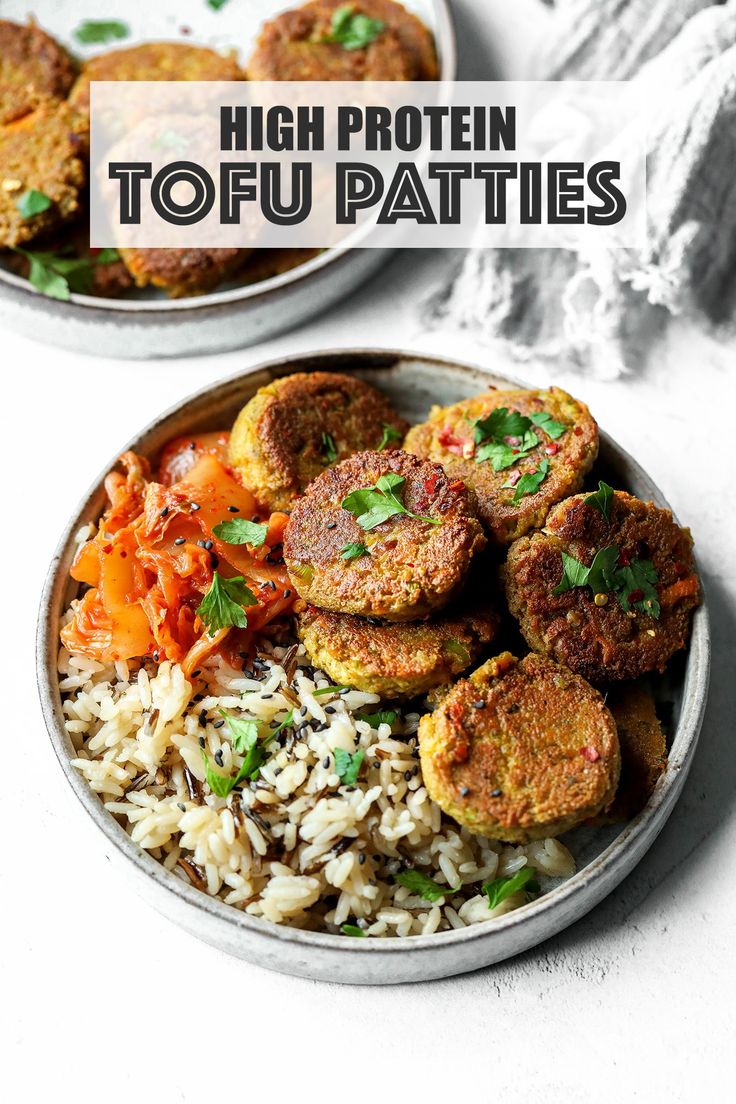 two plates filled with food and the words high protein tofu patties above them