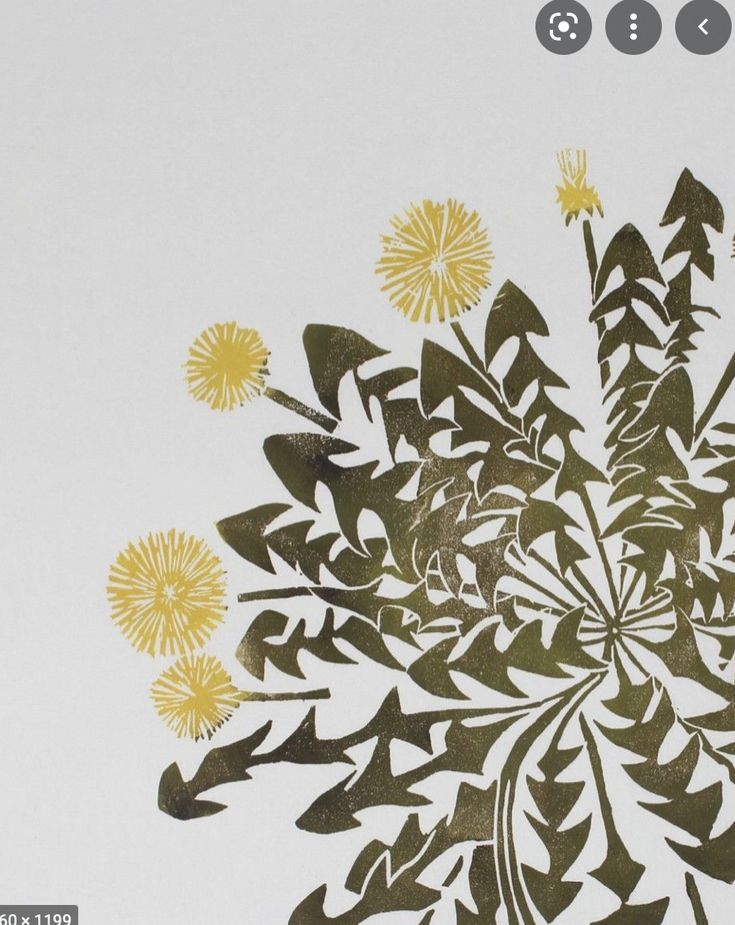 an abstract drawing of yellow flowers against a white background with black and gold leaves in the center