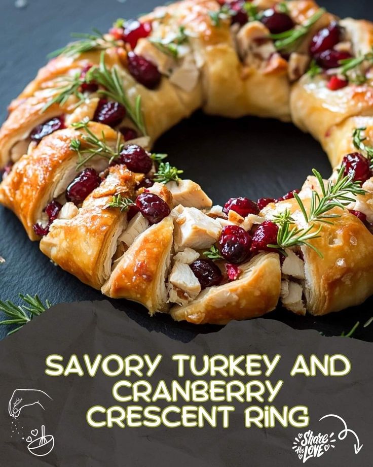 a turkey and cranberry crescent ring on a black surface with the words savory turkey and cranberry crescent ring