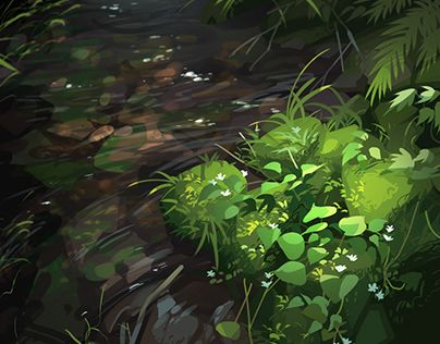 an image of a stream in the woods with plants growing out of it's sides