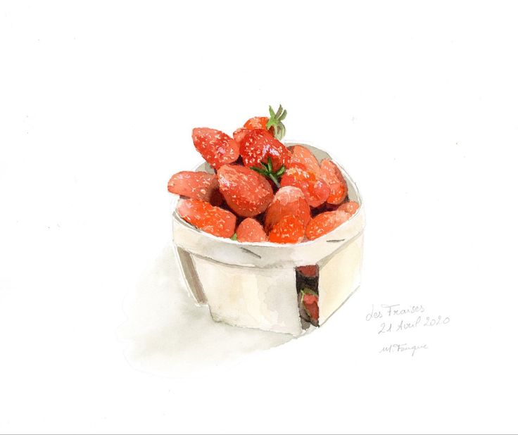 a painting of strawberries in a bowl on a white surface with watercolor pencils