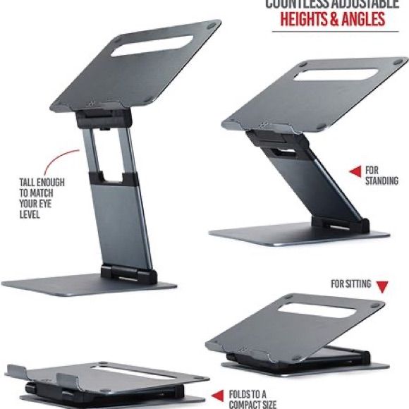 the adjustable laptop stand is shown with instructions to adjust it's top and bottom