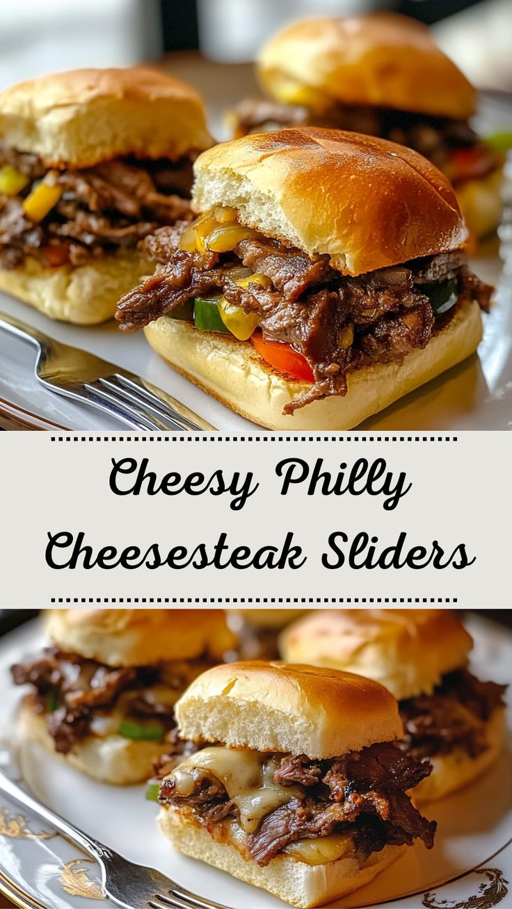 three cheesesteak sliders on a white plate