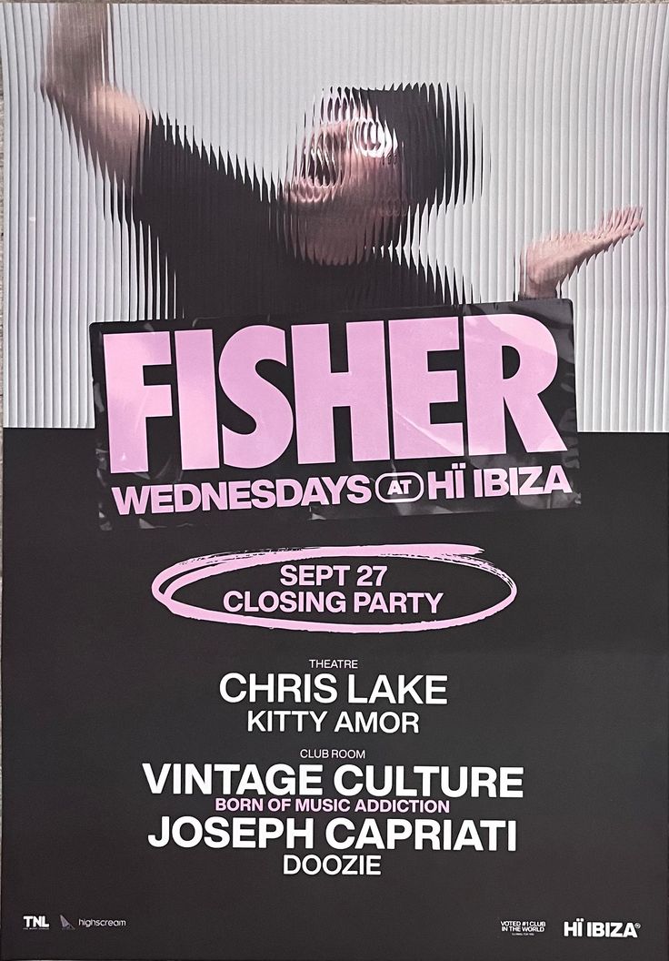 the poster for fisher's wednesdays on 11th ibiza, featuring an image of a man with his arms in the air