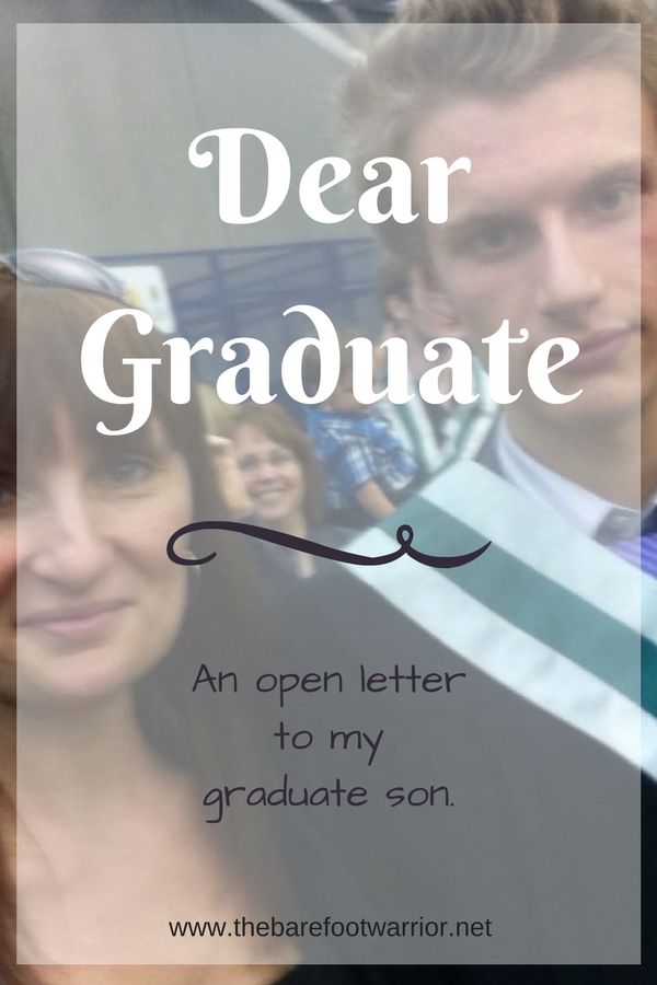 a man and woman standing next to each other with the text dear graduate an open letter to my graduate son