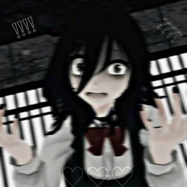 an anime character with long black hair holding her hands up