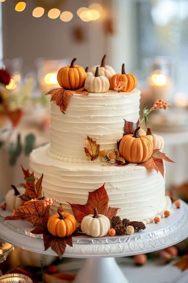 a wedding cake with white frosting and pumpkins on top