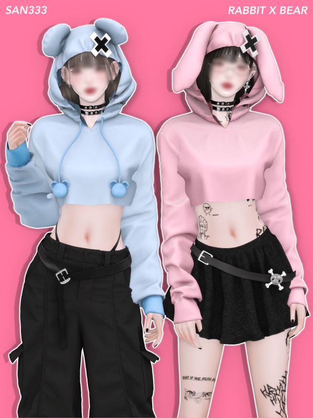 two women wearing hoodies and shorts with tattoos on their arms, both in pastel colors