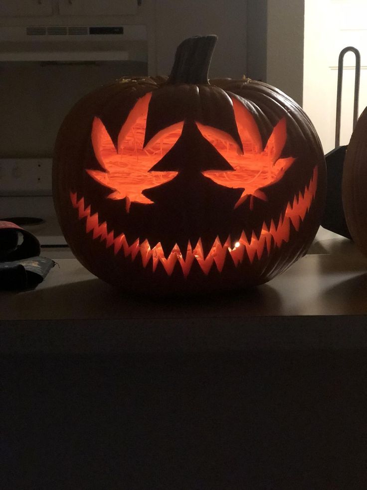 two carved pumpkins sitting on top of a counter