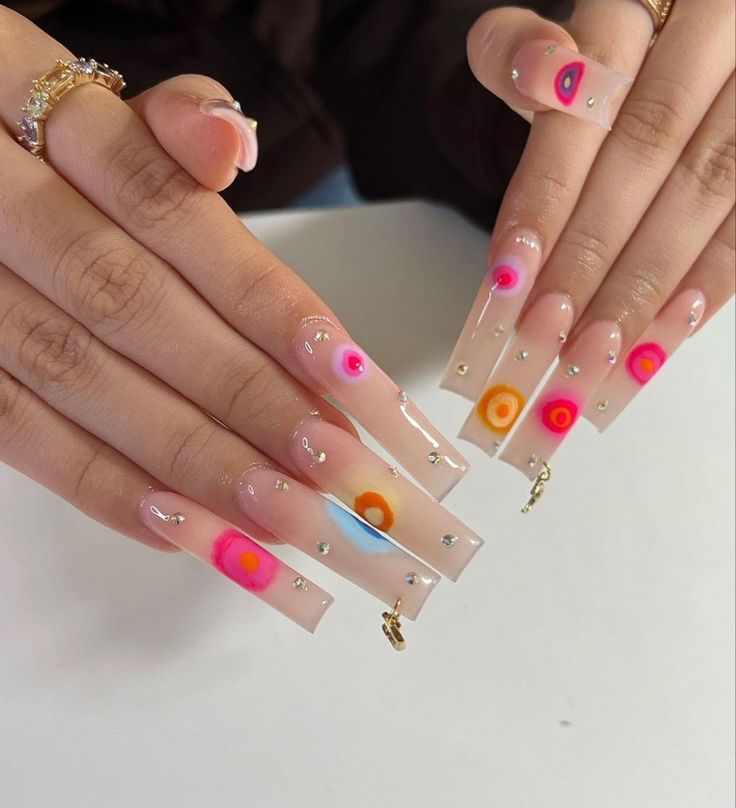 777 Aesthetic Long Acrylic Nails, Simple Junk Nails, Both Hands Different Color Nails, Nails With Piercing, Colorful Nails Long, Nail Ideas Y2k Long, Long Exotic Nail Designs, Exotic Nails Acrylic, Nail Designs With Charms